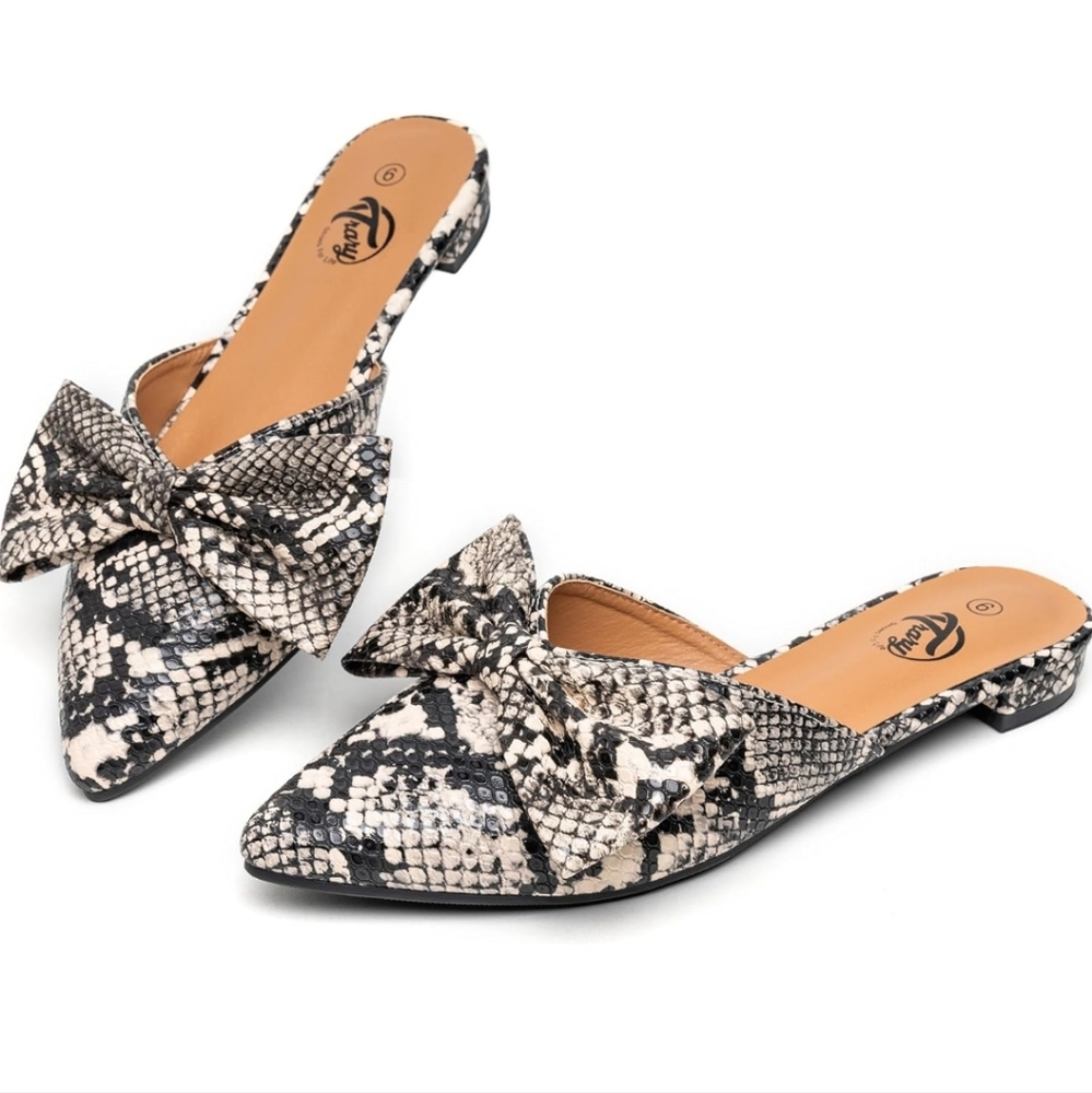Trary, Snake Print Bow Pointed Toe Mules, Size 11
